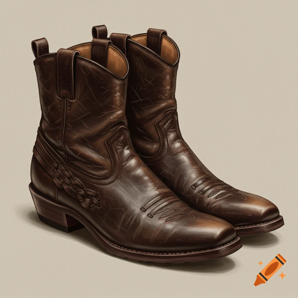 A pair of worn, dark brown leather cowboy boots with intricate stitching and braided detail, set against a light, neutral background.