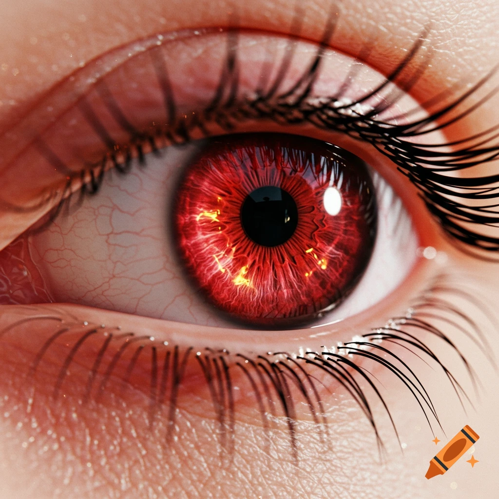 A detailed close-up of a human eye with a vibrant red iris showing fiery patterns.