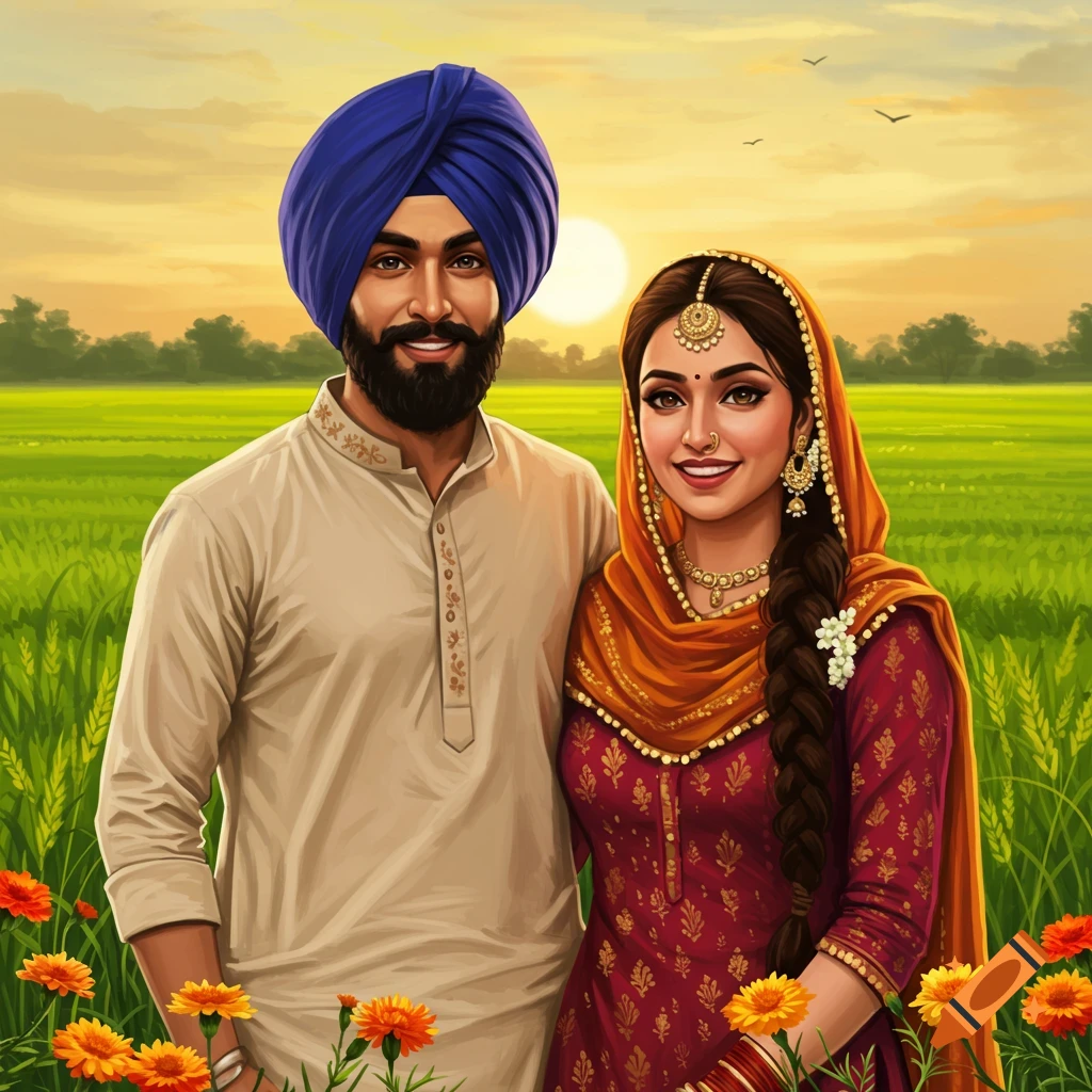A smiling Punjabi couple in traditional attire stands in a green field with marigold flowers at sunset, in an illustrative style.
