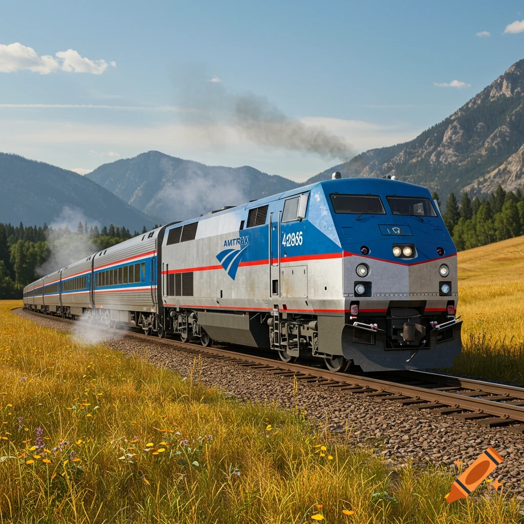 A photorealistic blue and silver Amtrak train travels through a golden field with mountains in the background under a blue sky.