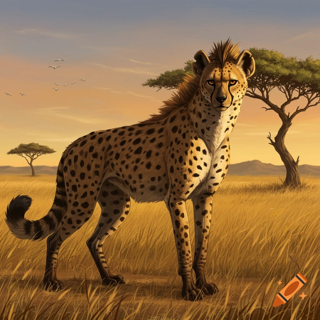 An illustrated cheetah-hyena hybrid stands in tall golden grass in a savanna at sunset with acacia trees in the background.