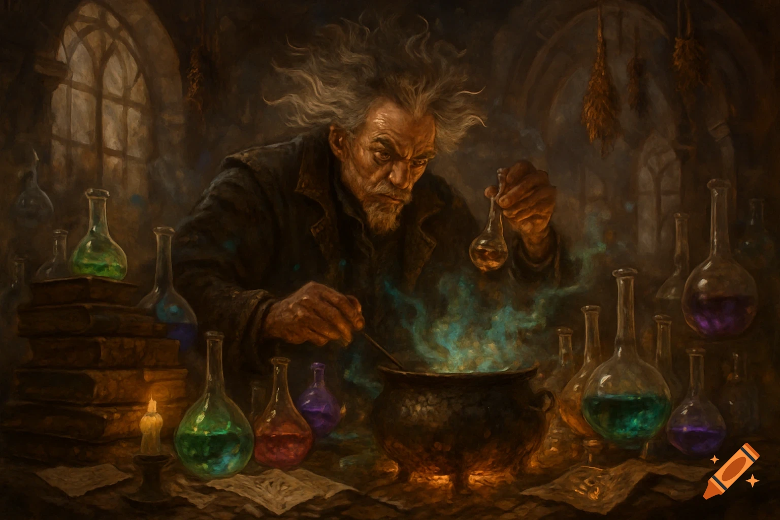 A grizzled old alchemist with wild hair stirs a glowing blue-green potion in a cauldron, surrounded by colorful bubbling beakers in a dark, ancient room.