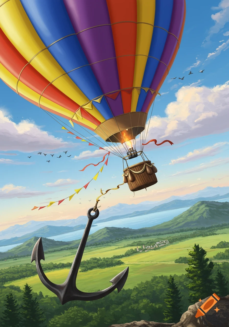 Colorful hot air balloon with an anchor falling, soaring over a vibrant green landscape with mountains and a lake under a blue sky. Illustration.