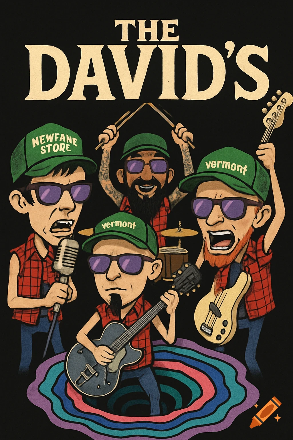 Cartoon band 'The David's' with four members wearing green hats and flannel, one singing into a microphone, others playing guitar, bass, and drums.