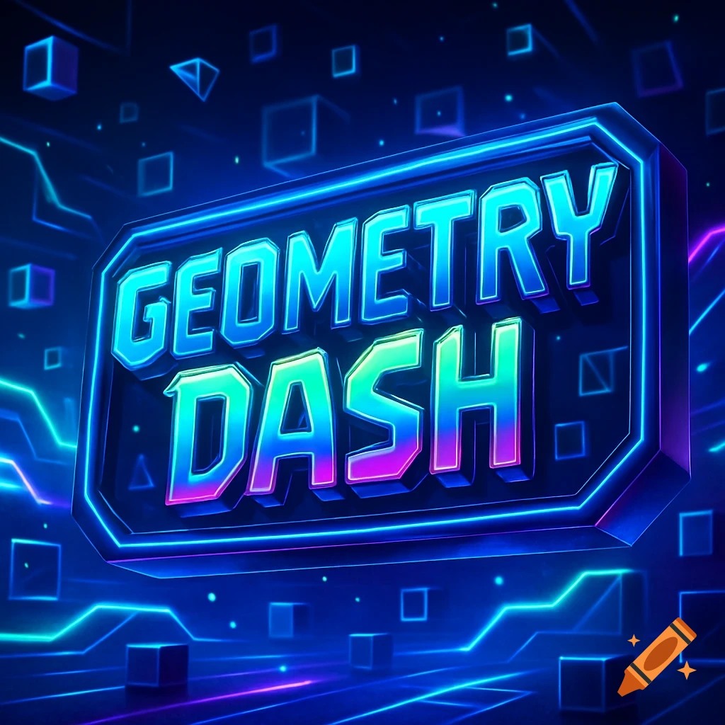 A bright neon sign with the words 'GEOMETRY DASH' in a dark, futuristic background with glowing geometric shapes.
