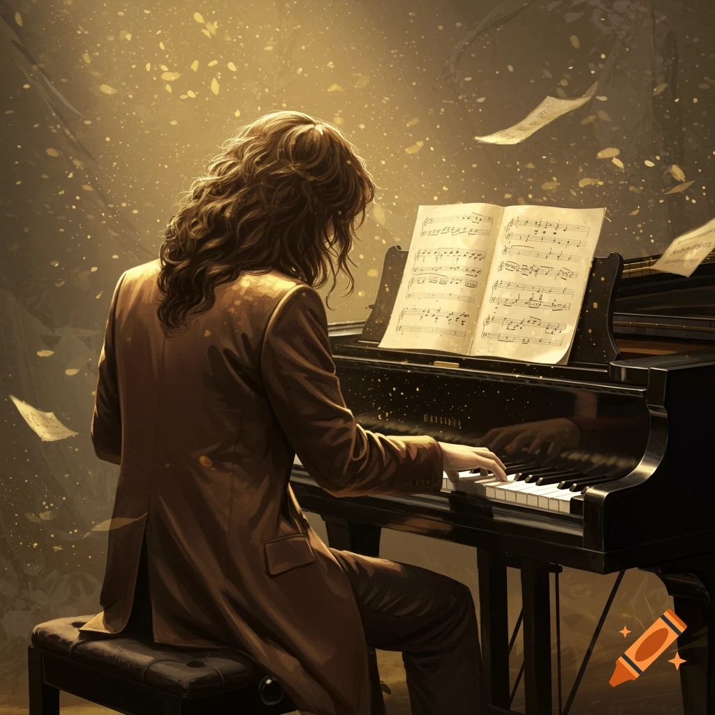 A person with long, wavy hair, seen from behind, playing a grand piano. Golden light illuminates the scene with floating particles and sheet music. Painted art style.