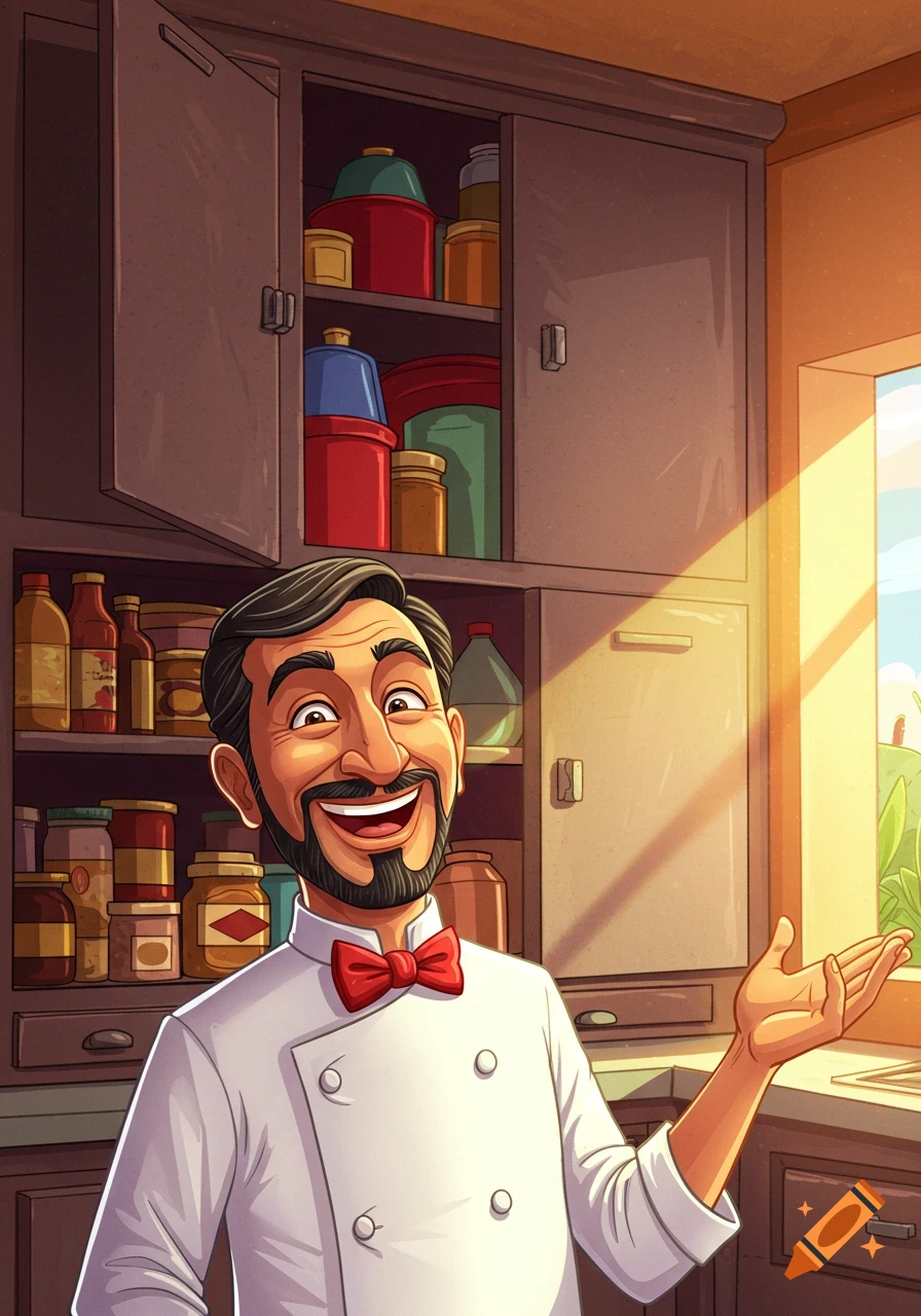 An enthusiastic, smiling chef in a white coat and red bow tie stands in a sunlit kitchen, gesturing towards open cupboards filled with jars and containers. Illustrated style.
