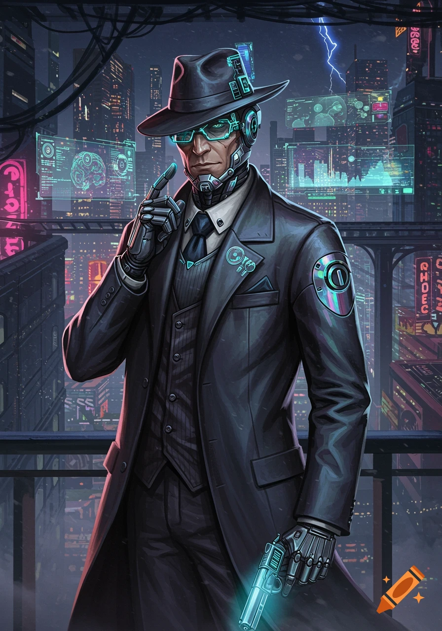 A cyberpunk detective with cybernetic enhancements and a glowing gun stands on a balcony overlooking a futuristic city at night.