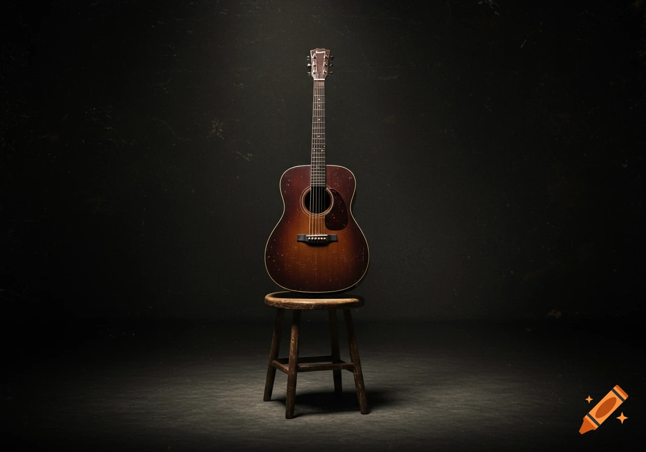 A photorealistic image of an acoustic guitar standing on a wooden stool in a dark room under a spotlight.