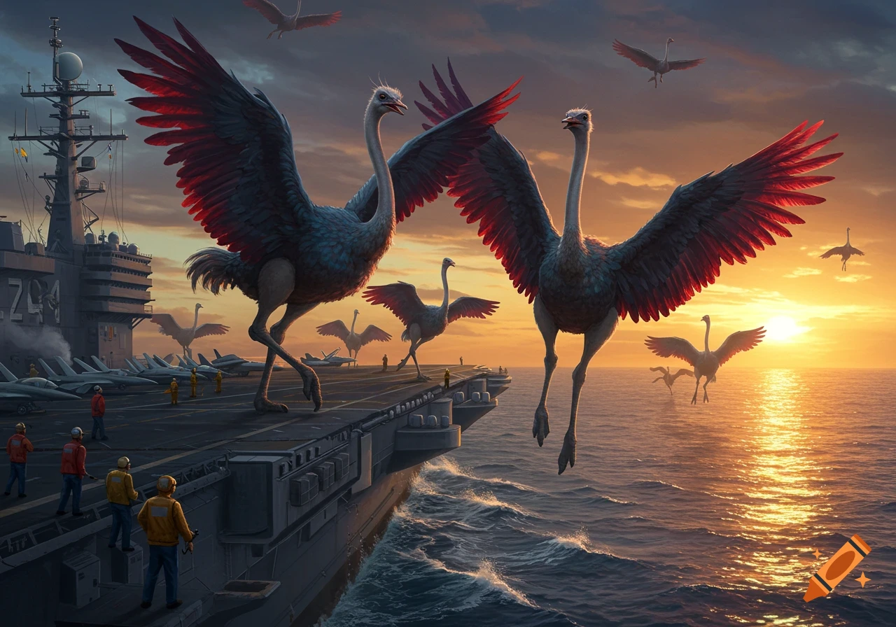 Flying ostriches with large red wings on and around an aircraft carrier at sunset, with human figures on the deck.
