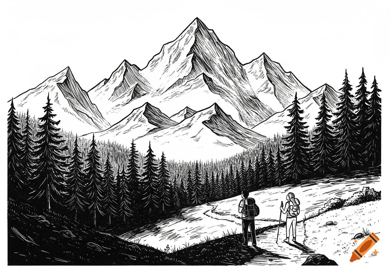 Black and white line art illustration of two hikers on a trail, with dense pine forests and jagged mountains in the background.