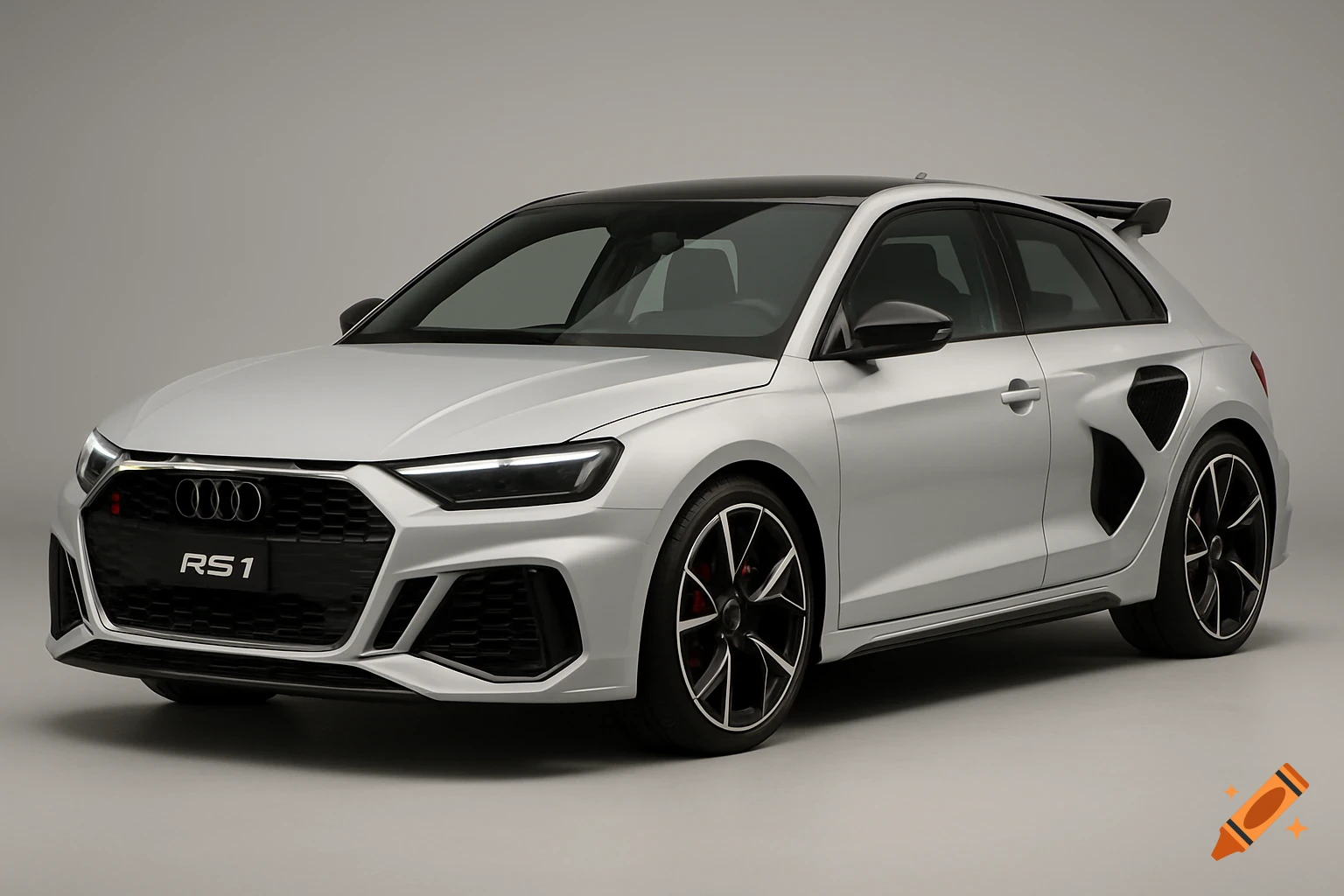 A high-performance silver Audi RS1 three-door hatchback with a black roof and aggressive styling, shown in a studio setting.