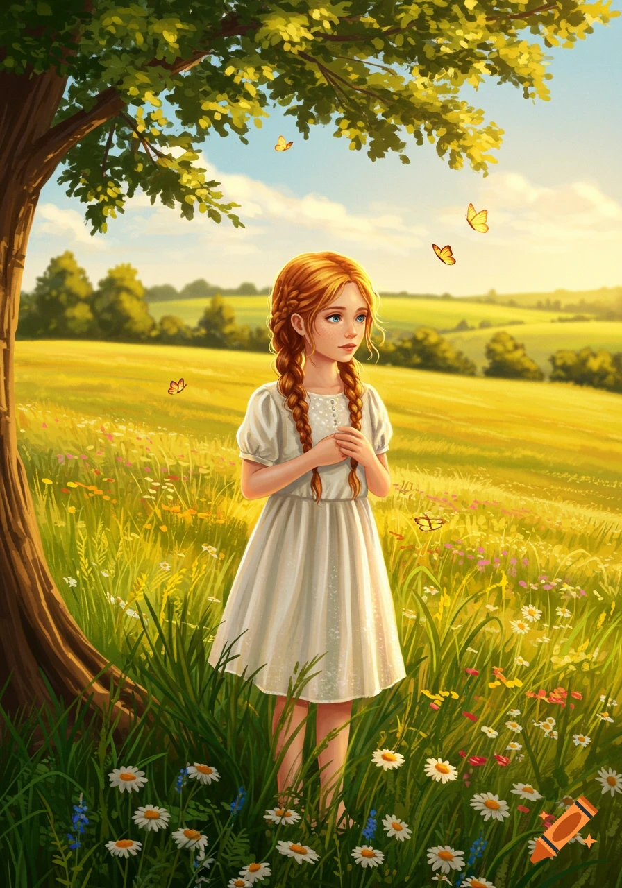 A young girl with strawberry blonde braids stands in a sunny meadow filled with wildflowers and butterflies, under a tree.