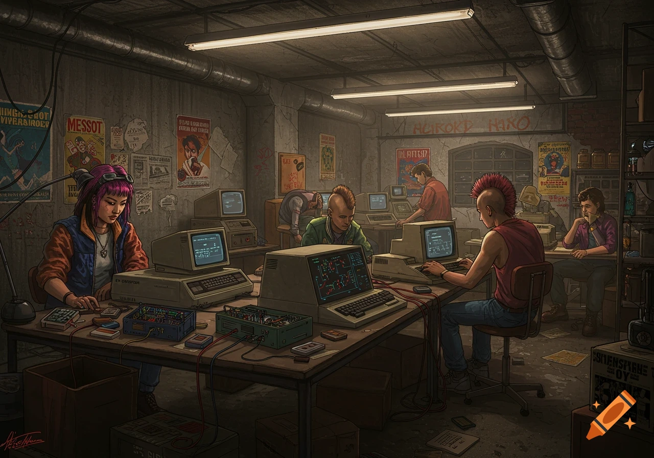 An underground clubhouse in a retro 1980s style, with people using old computers and electronics, surrounded by wires and posters.