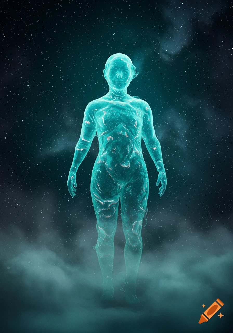 A translucent, glowing, aquamarine humanoid figure stands in dark space surrounded by stars and mist.
