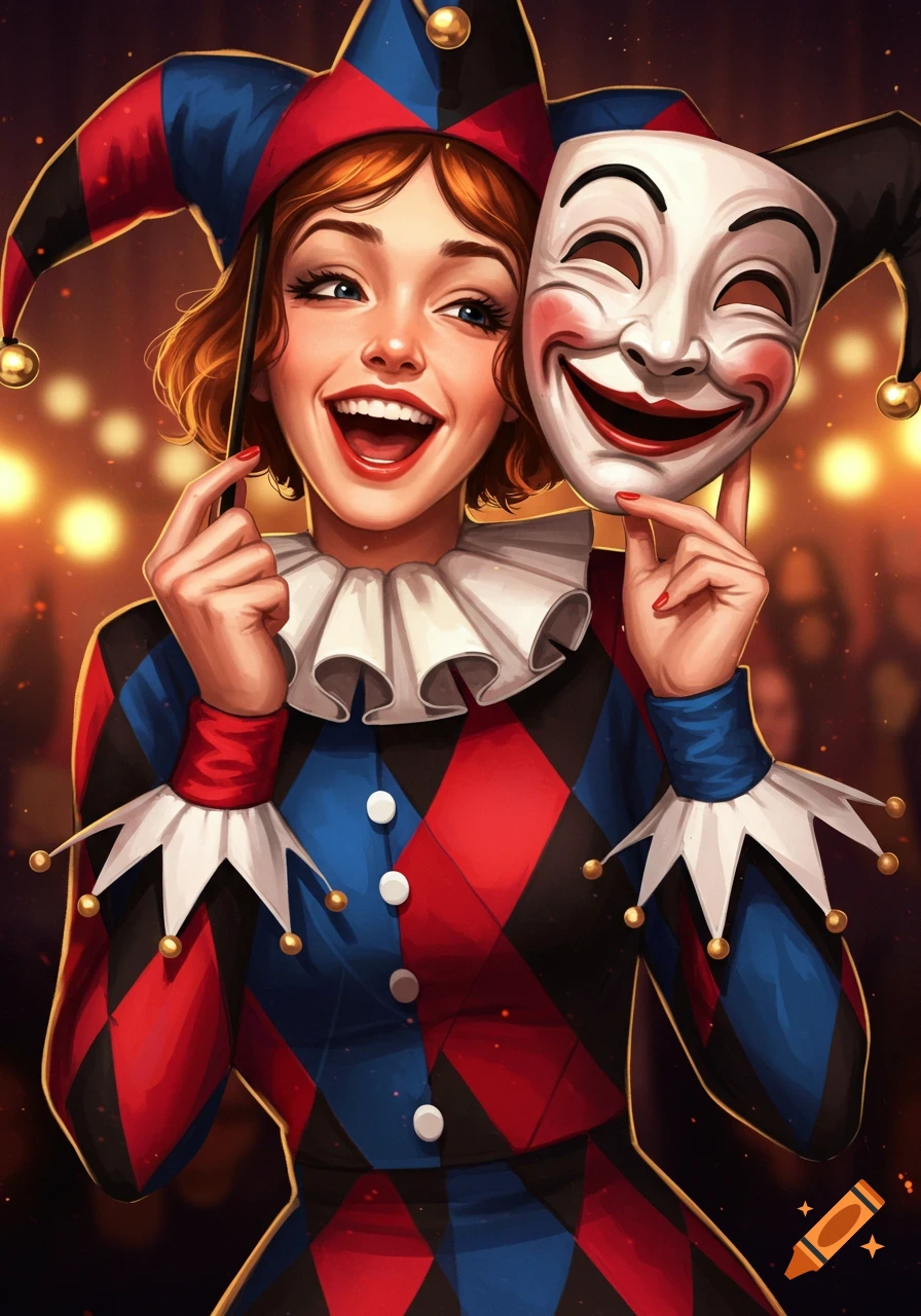 A smiling woman in a red, blue, and black harlequin jester costume and hat holds a white comedy mask. Digital art style.