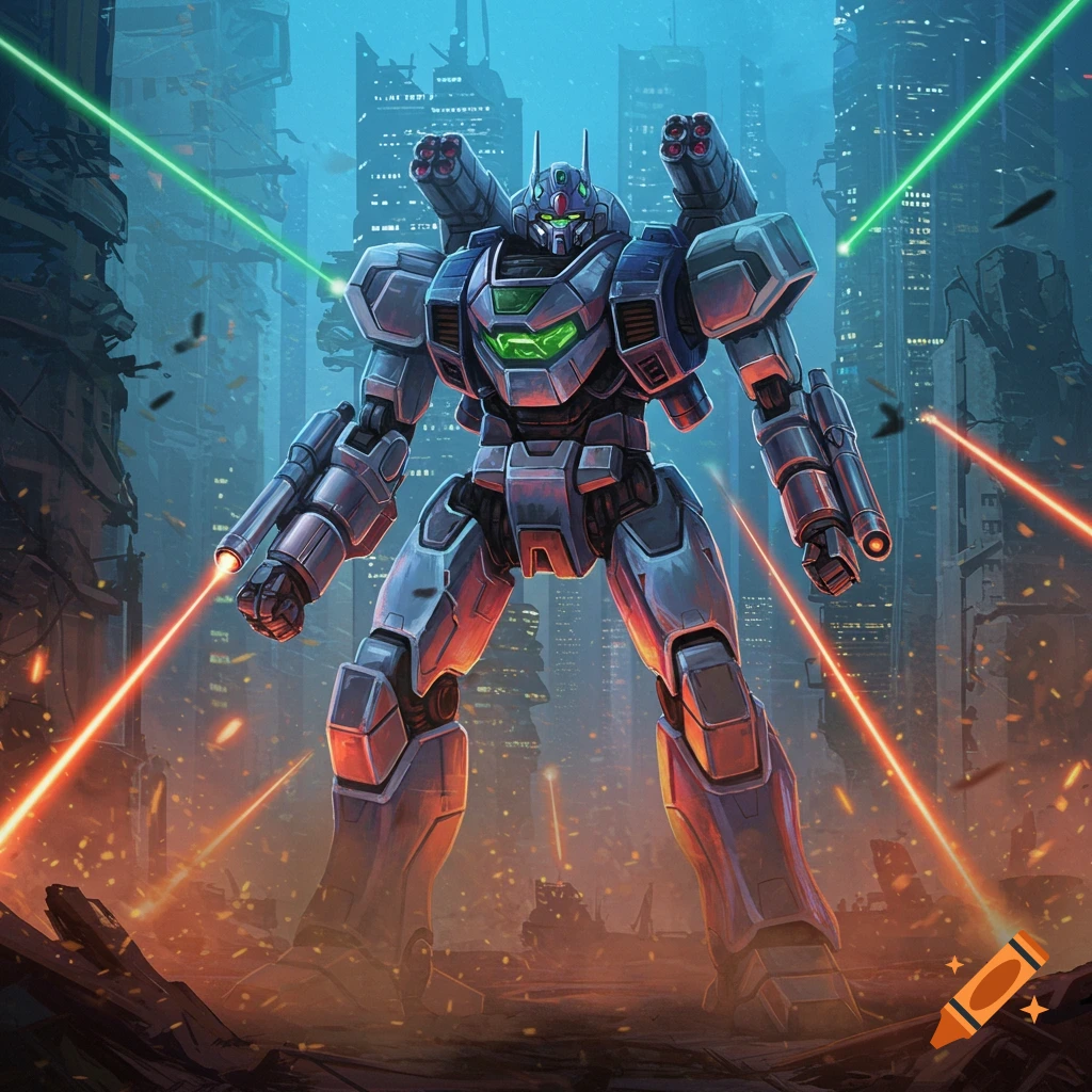 A powerful mecha stands in a ruined city, firing red lasers while green lasers cross the sky, in a detailed sci-fi illustration.