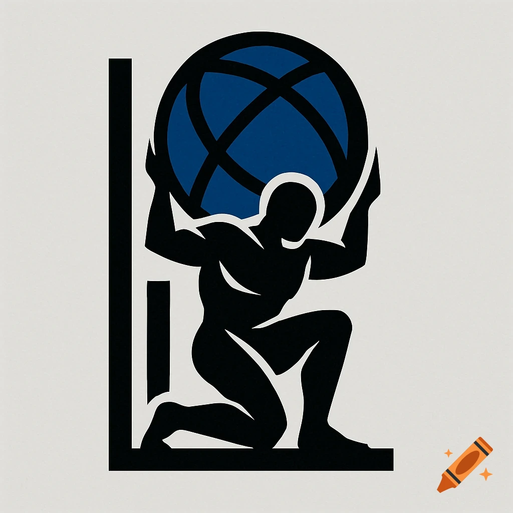 A modern, abstract logo of a black stylized Atlas figure holding a blue globe on a light background.