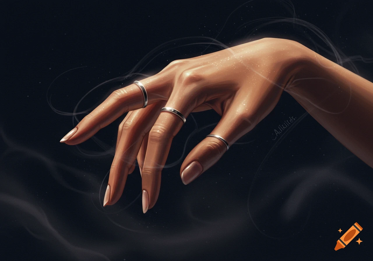Digital painting of a hand with silver rings, illuminated by sparkling light and surrounded by ethereal wisps.