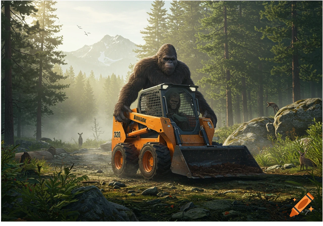 A large Bigfoot stands on an orange skid steer being driven by a smaller Bigfoot in a misty forest with mountains.