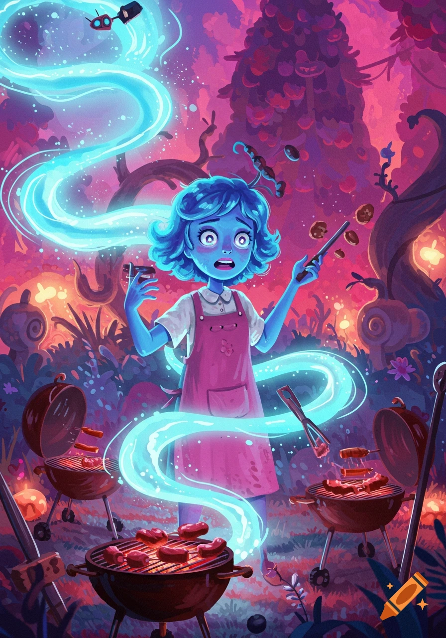 A startled blue character with glowing tendrils and floating food items near barbecues in a vibrant, whimsical fantasy forest.