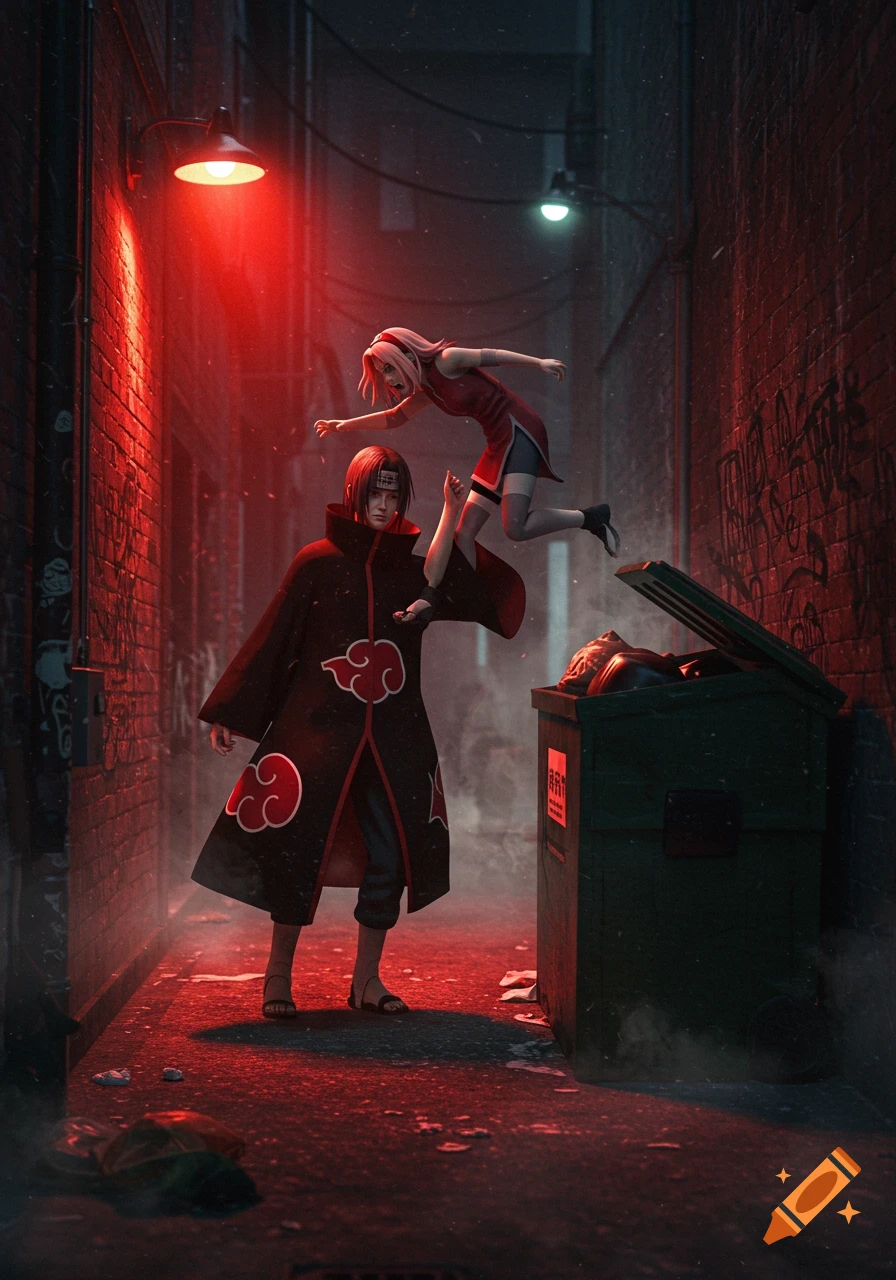 Itachi Uchiha tossing Sakura Haruno into a dumpster in a red-lit alleyway, anime style.