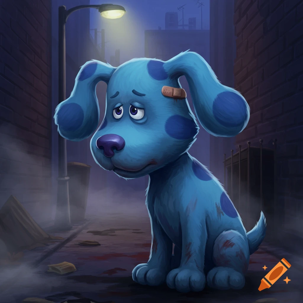 A sad, bruised blue cartoon dog with a bandage, resembling Blue from Blue's Clues, sits in a dark alley under a street lamp.