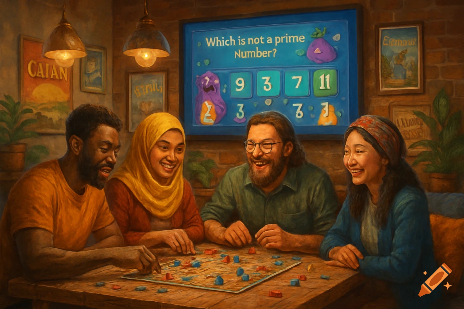 Four ethnically diverse friends laughing while playing a board game at a table, with a math trivia question on a screen behind them, in a warm, painterly style.