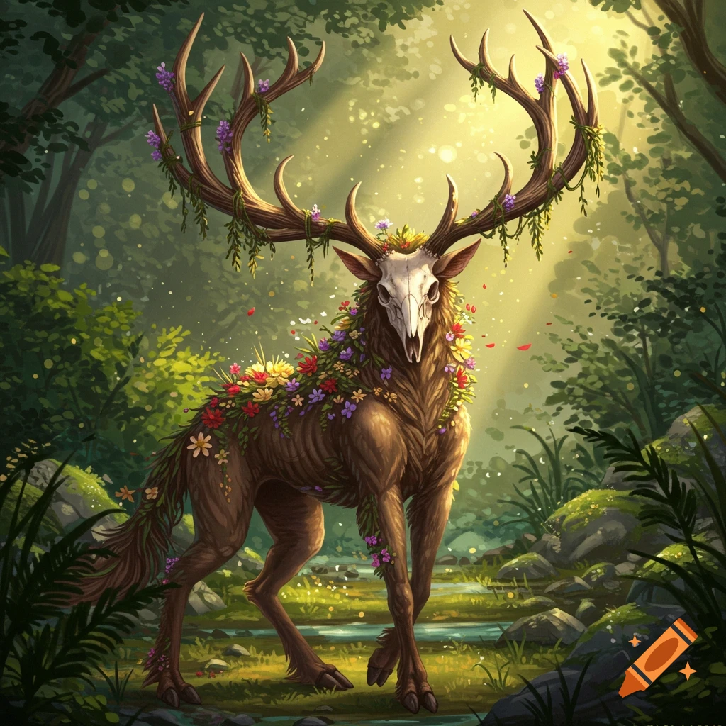 A mythical creature with a skull face and large, flower-laden antlers stands in a sunlit forest next to a stream.