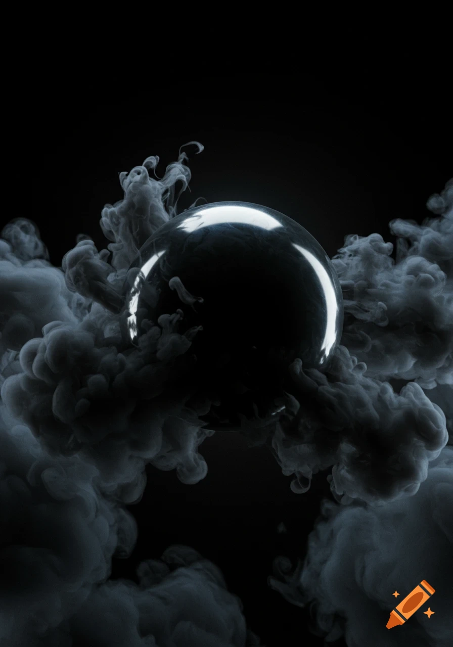 A dark, reflective sphere surrounded by billowing black smoke on a black background, in an abstract style.