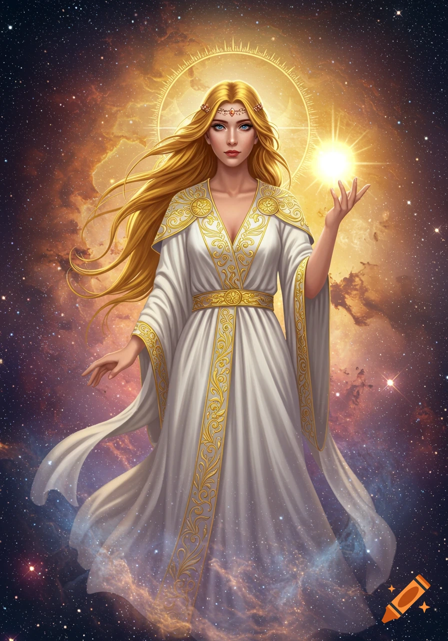 A radiant blonde goddess in a white and gold robe with a halo stands in a cosmic sky, holding a glowing sun.