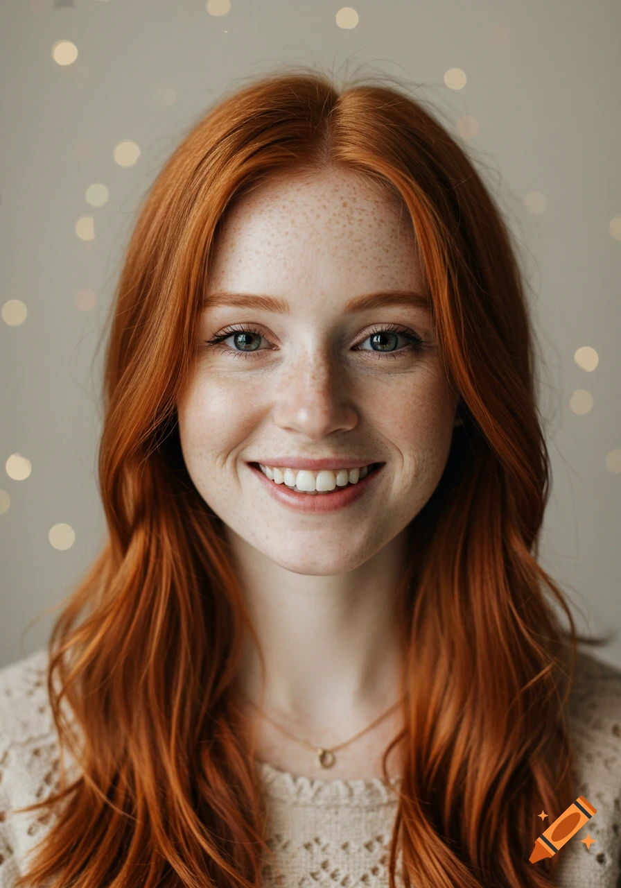 A close-up portrait of a young woman with long, wavy red hair and ...