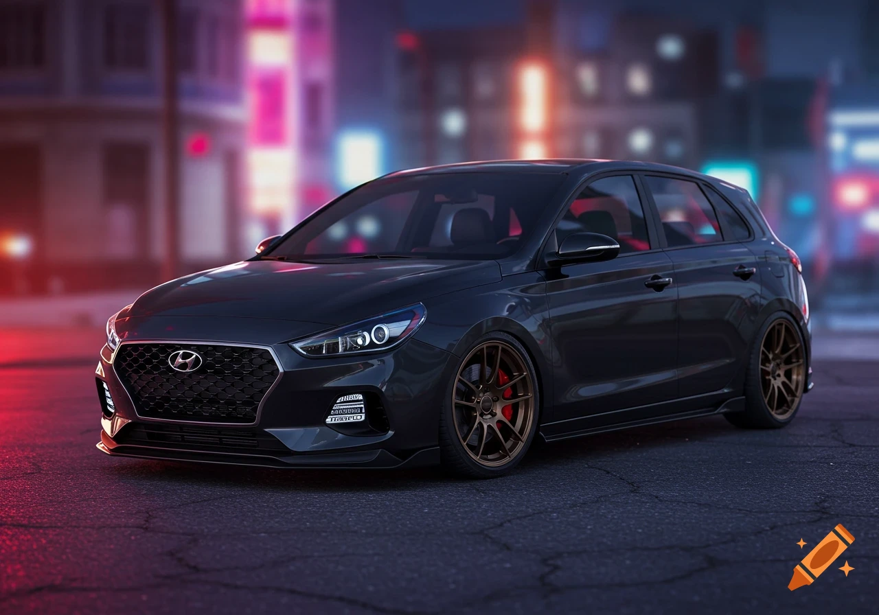 A dark grey modified Hyundai Elantra GT hatchback parked on an asphalt road at night, with blurred neon city lights in the background. Photorealistic style.