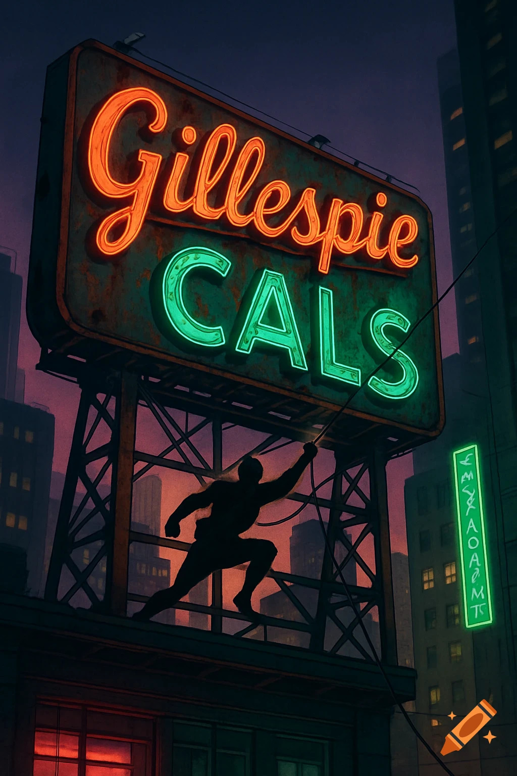 A silhouetted figure climbs a large, rusty neon sign that reads 'Gillespie CALS' against a dark city skyline at night.