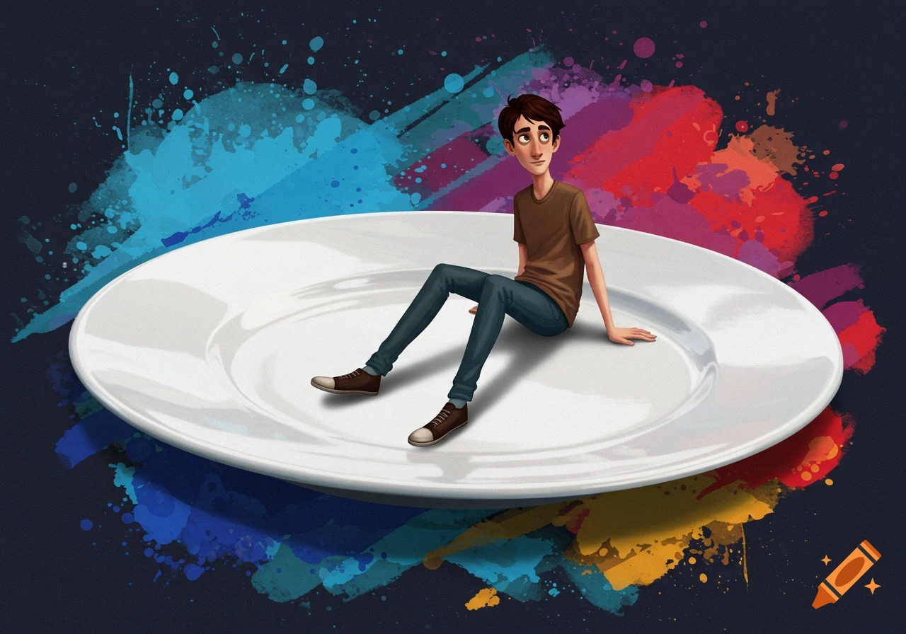 A cartoonish young man sits on a giant white plate, with colorful paint splatters in the background.
