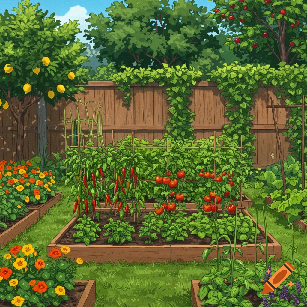 A vibrant backyard garden with raised beds of tomatoes, peppers, and basil, surrounded by flowering plants, fruit trees, and a wooden fence.