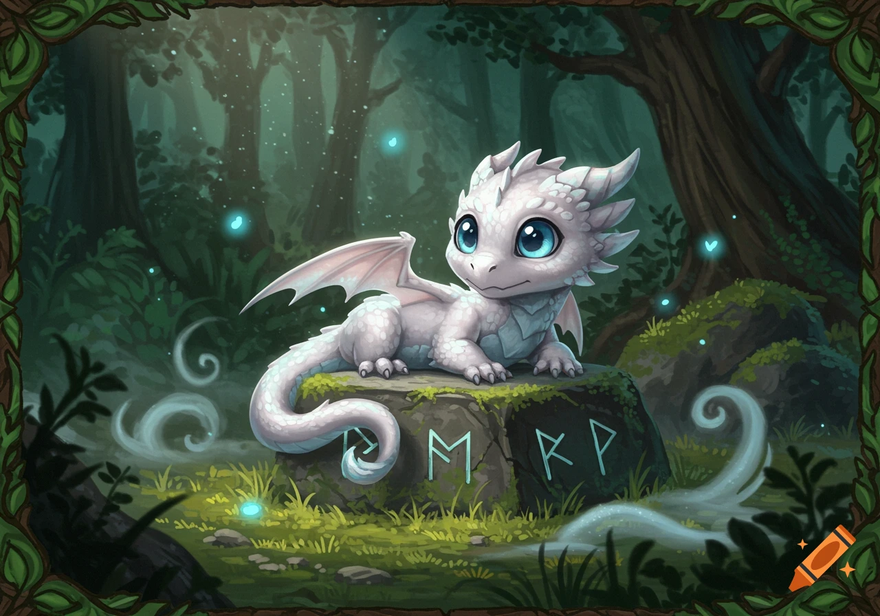 A cute white baby dragon with large blue eyes sits on a mossy, rune-carved stone in a mystical forest.