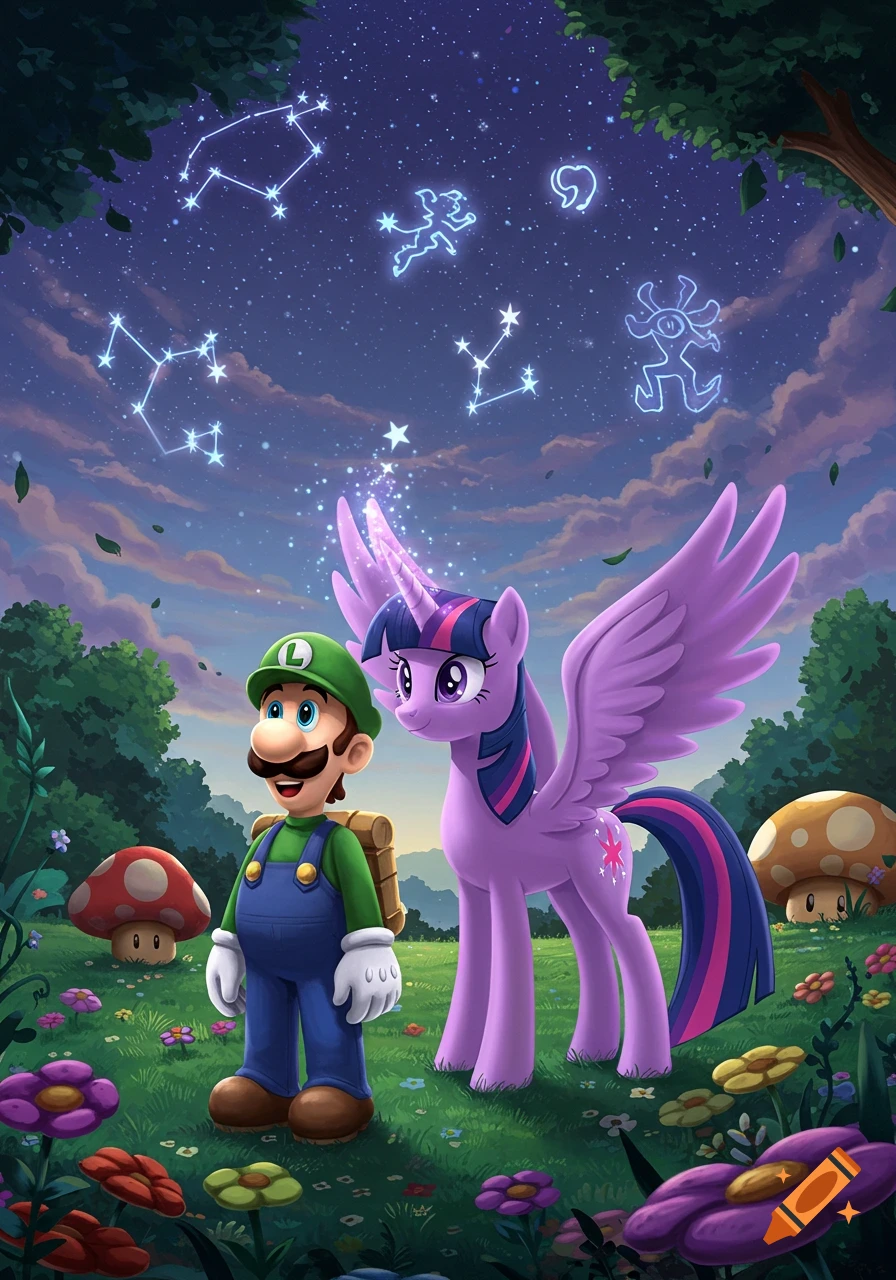 Luigi and Twilight Sparkle in a magical forest clearing under a starry night sky with glowing constellations.