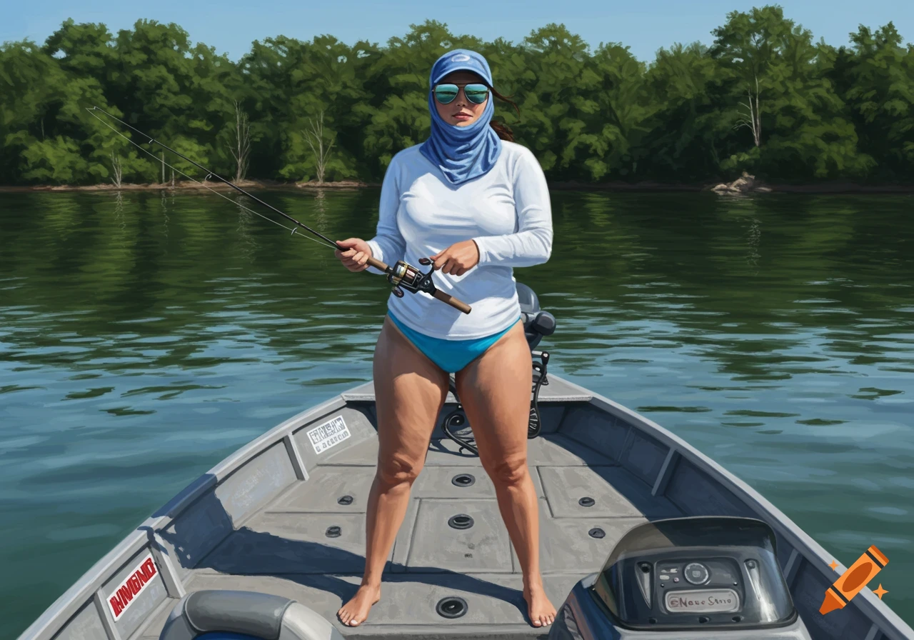 Photorealistic image of a woman in a sun shirt and bikini bottom fishing from a boat on a lake.