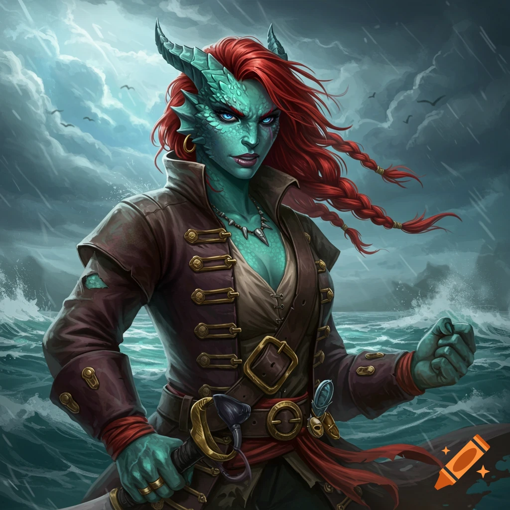 A green-scaled, red-haired Dragonborn pirate woman in a brown coat stands on a ship in a stormy sea, holding a sword.