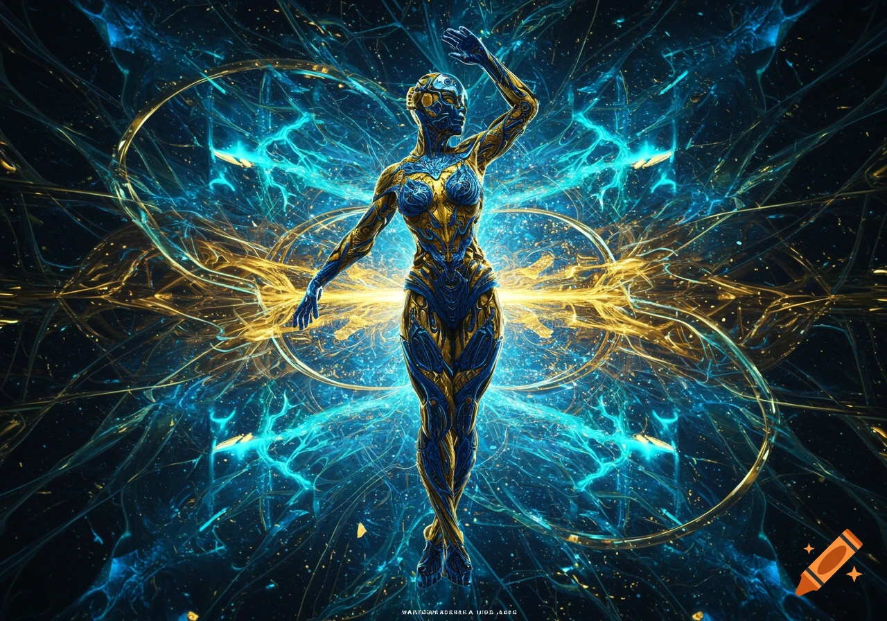 A blue and gold abstract humanoid figure stands against a backdrop of swirling electric blue and gold fractal patterns.