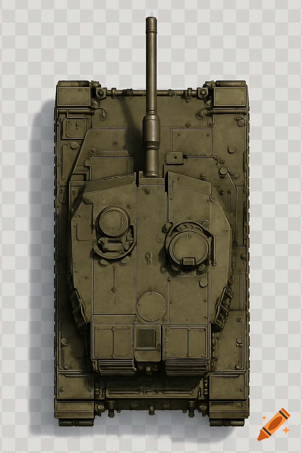 An orthographic top-down view of a highly detailed Leopard 2 tank on a transparent background.