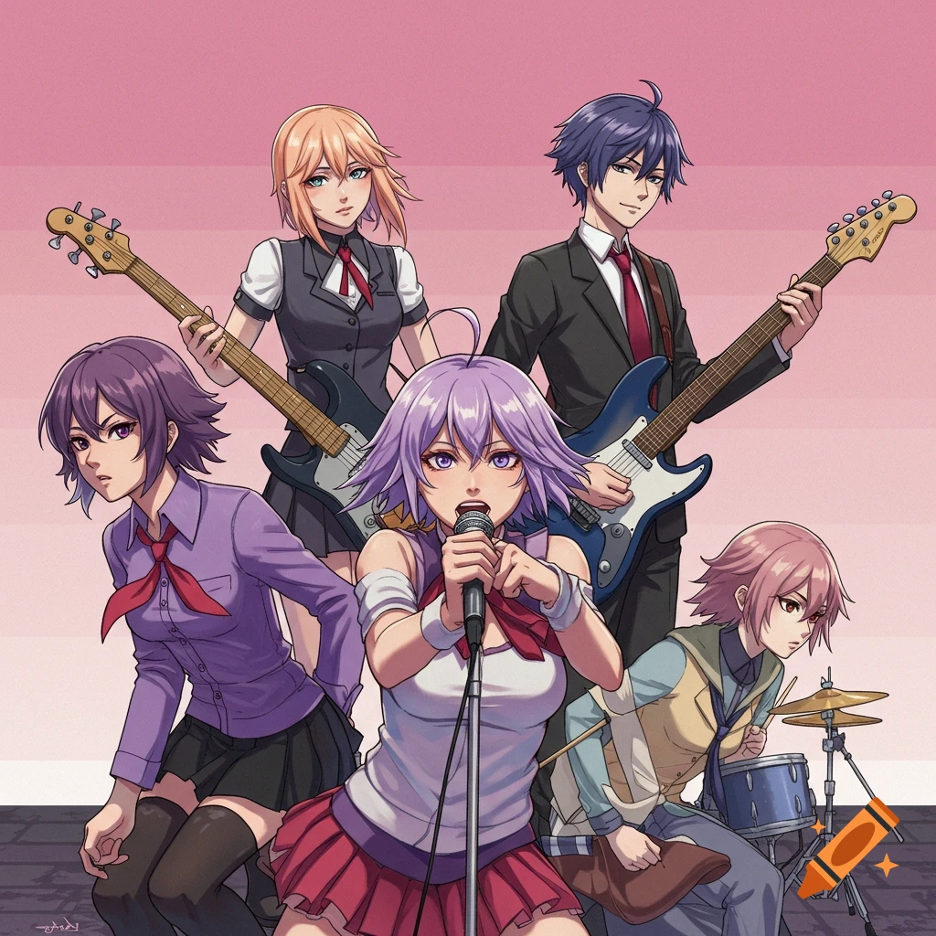 An anime-style band with five members. A singer with purple hair holds a microphone in the center, flanked by two guitarists, a bassist, and a drummer.