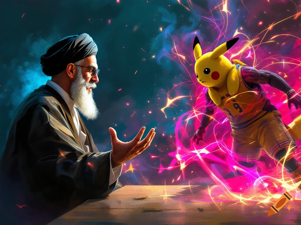 Digital art of a man with a turban and white beard, resembling Ayatollah Khamenei, facing a muscular Pikachu in a basketball jersey with number 9, surrounded by vibrant pink and orange energy.