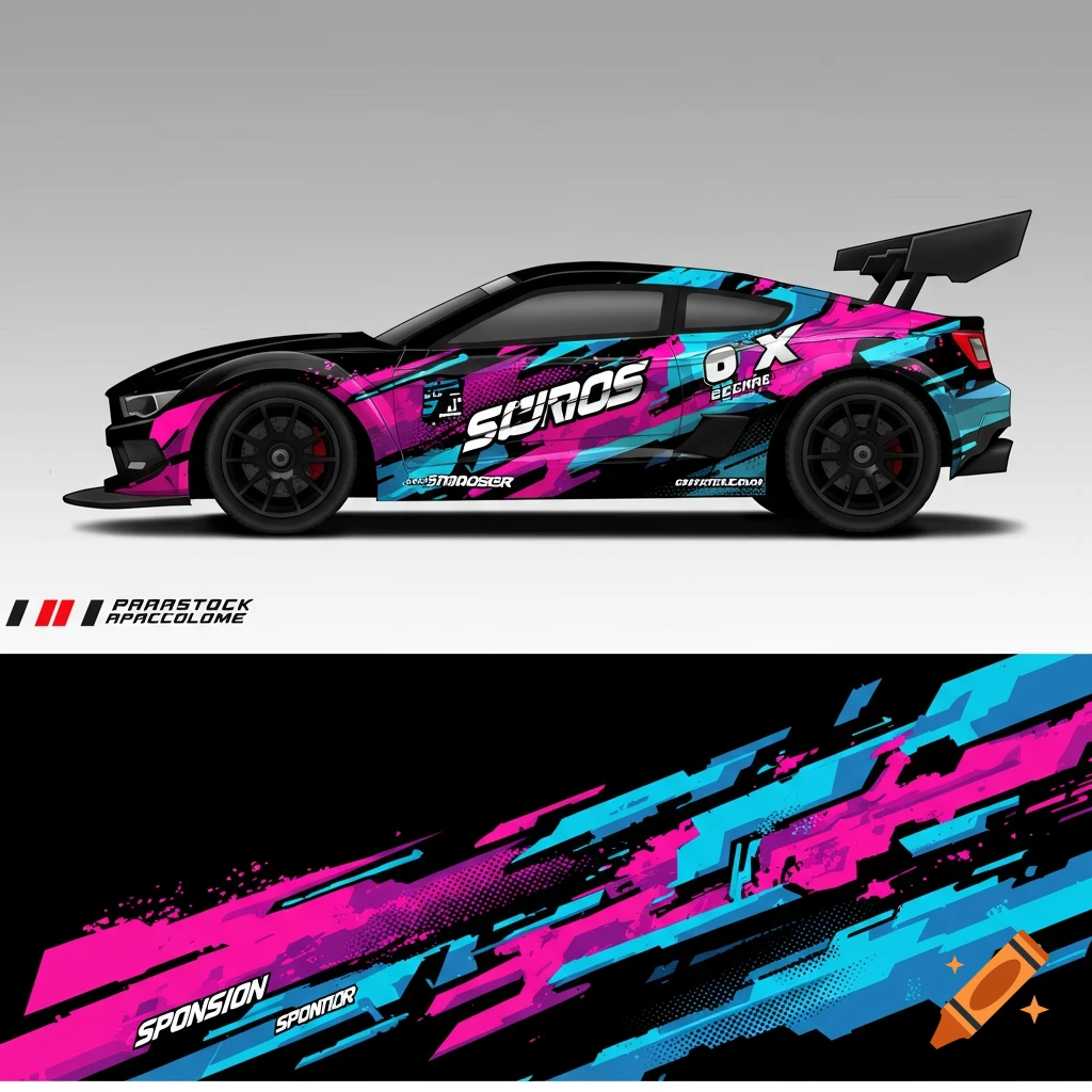A black RC car with a vibrant pink and blue abstract livery design, featuring sharp lines and splatters. A design element below shows a pattern for the car's wrap.