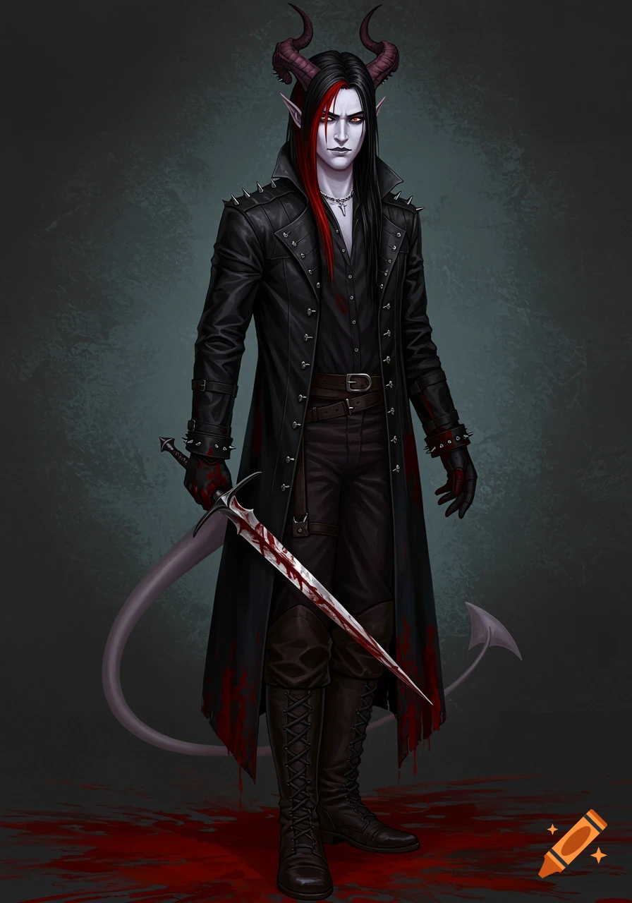 A full body illustration of a male tiefling with pale skin, long black hair with a red streak, red eyes, horns, and a tail, wearing a long black leather coat, holding a bloodied sword, standing in a pool of blood.