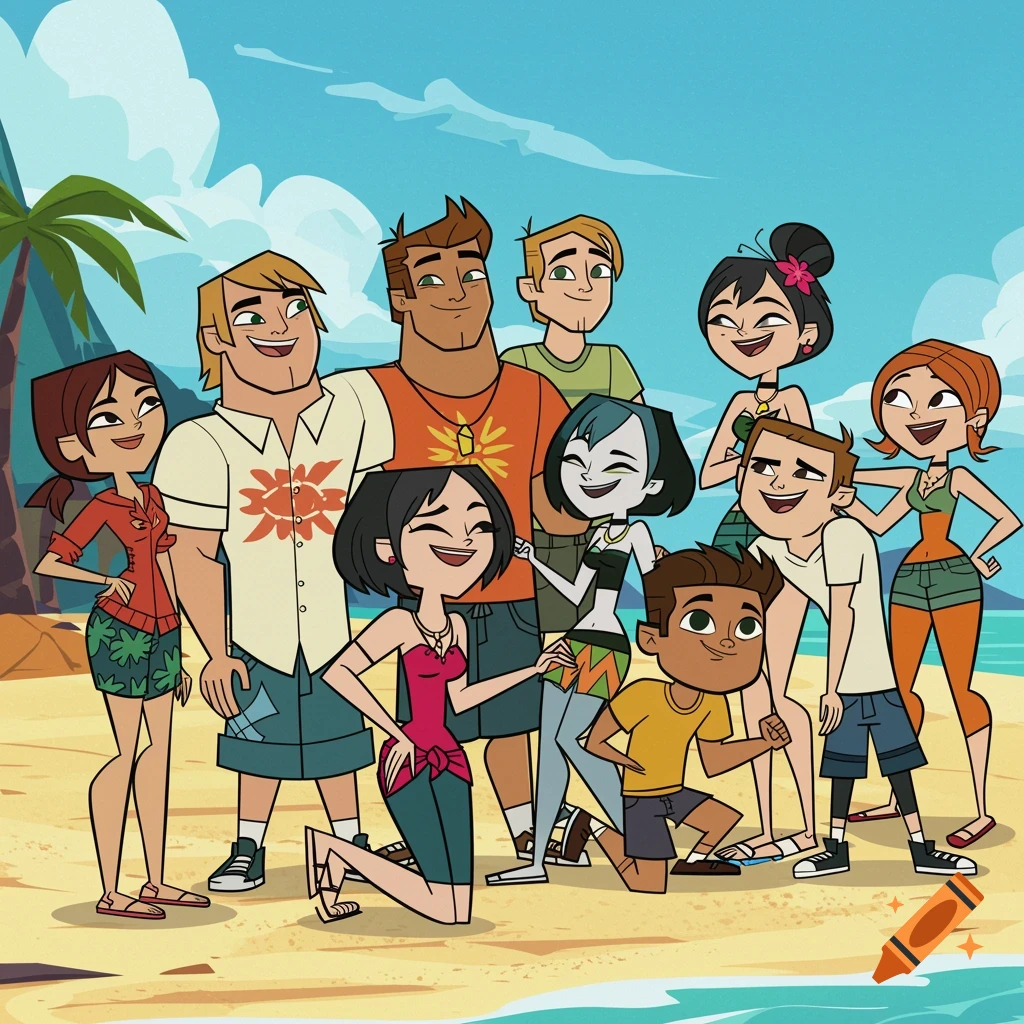 A group of diverse animated characters in the style of Total Drama smile together on a sunny beach.