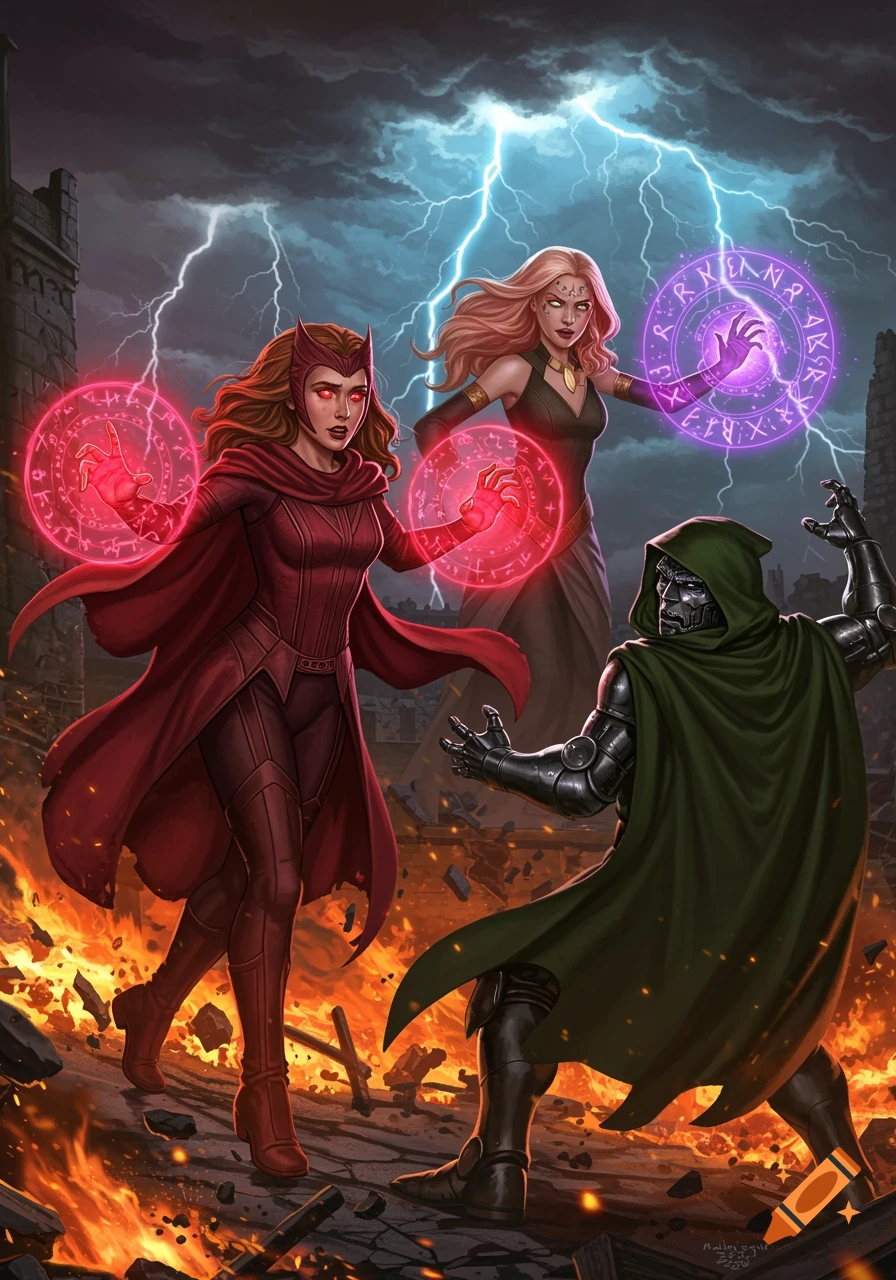 Scarlet Witch and Agatha Harkness using magic against Doctor Doom in a fiery, storm-ridden battle scene, comic art style.