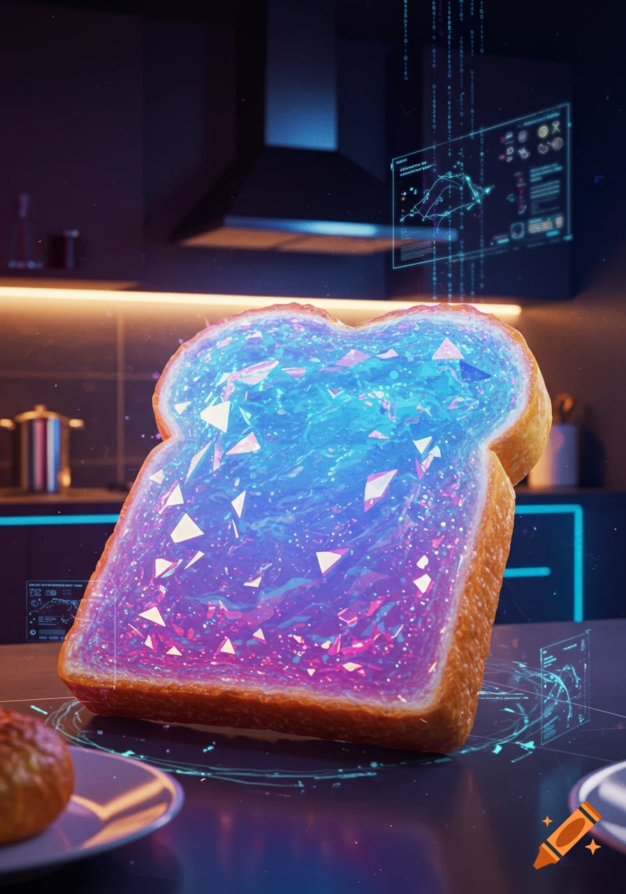 A slice of glowing blue and purple crystal toast levitates above a dark kitchen counter with futuristic holographic data displays in the background.