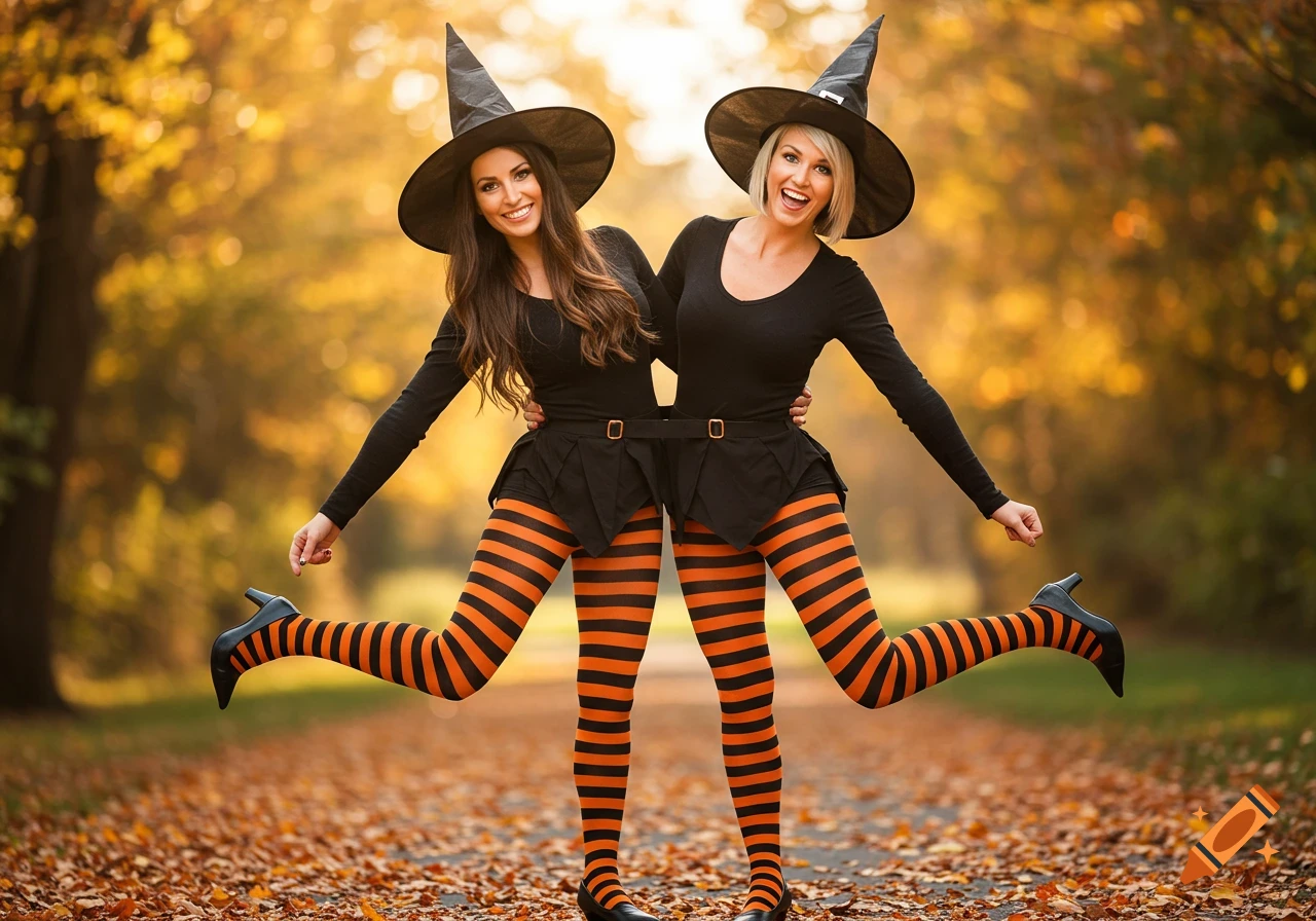 Two women in witch hats and black and orange striped tights stand conjoined in an autumn park.